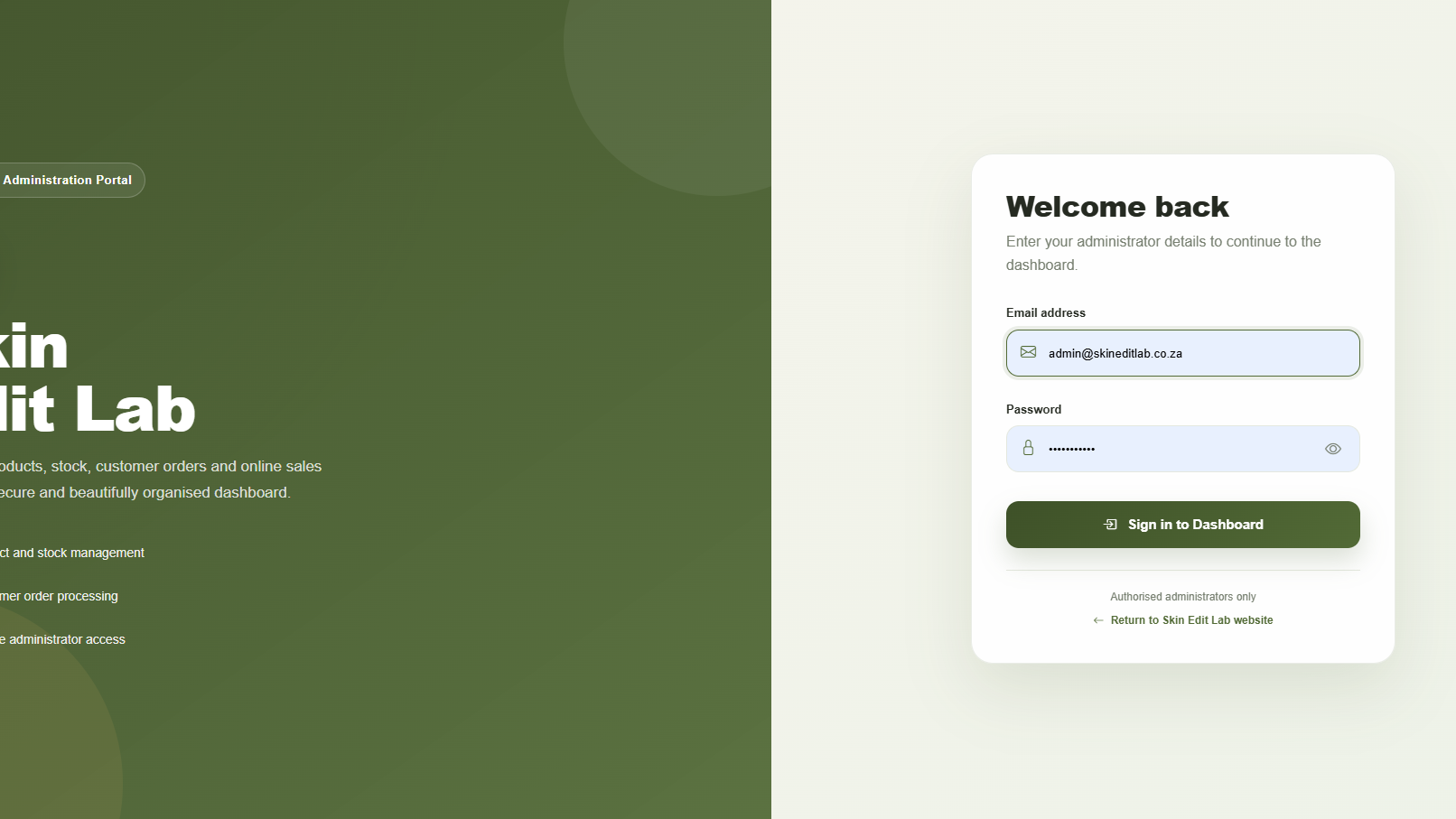 Skin Edit Lab Admin project by MKDE IT Solutions